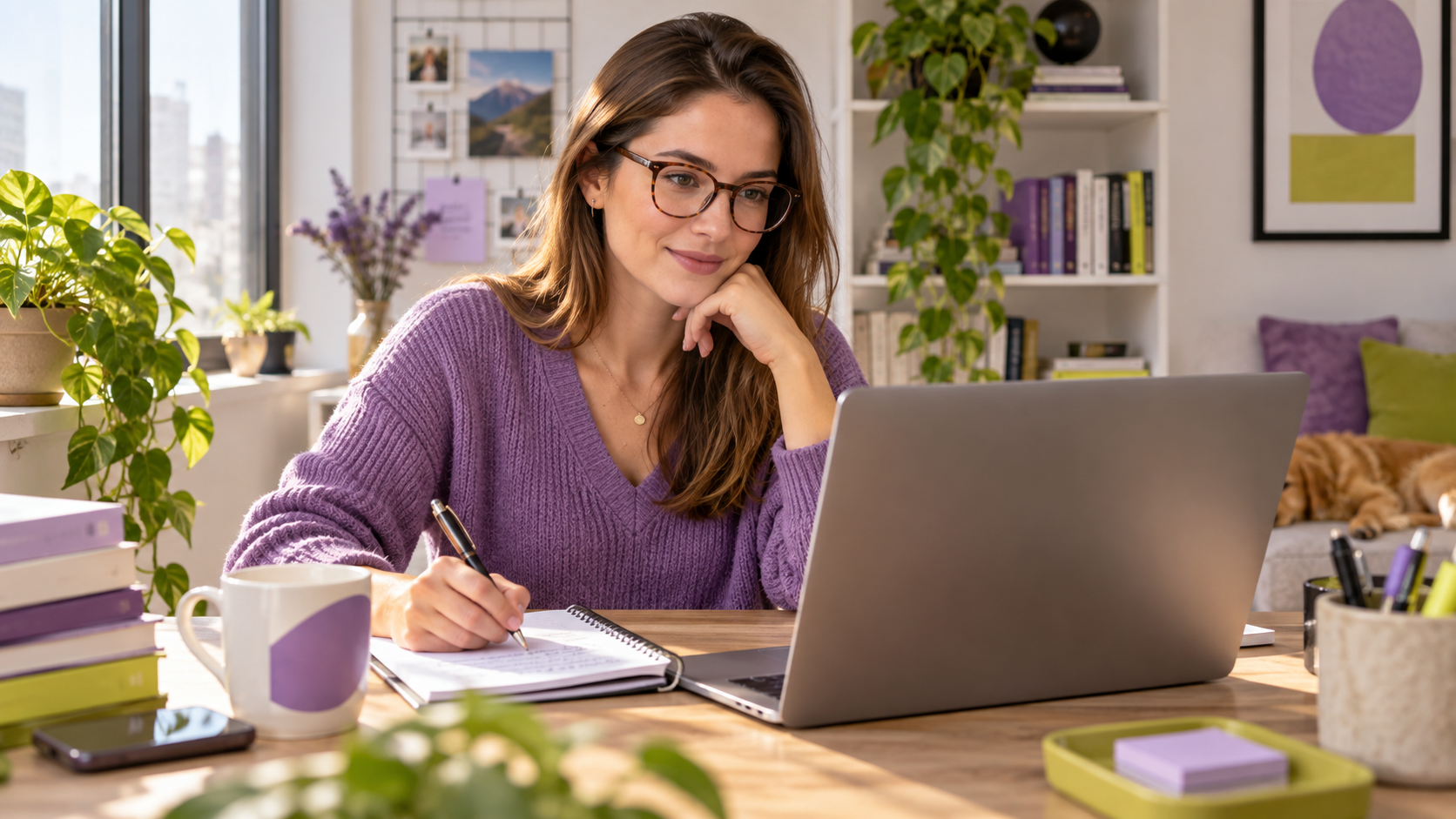 Aluna estudando no computador e fazendo anotações
